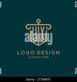 UX monogram initial logo design with shield and pillar shape design Stock Vector