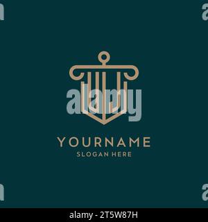 UJ monogram initial logo design with shield and pillar shape design Stock Vector