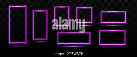 Neon rectangular and square frame with light glowing effect. Realistic vector illustration set of purple futuristic door or magic portal. Line led luminous cyber border on dark transparent background. Stock Vector