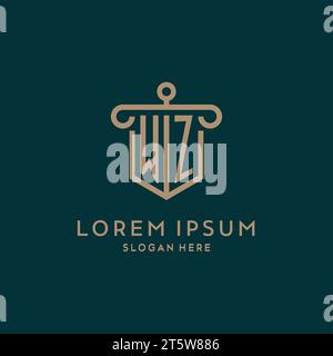 WZ monogram initial logo design with shield and pillar shape design Stock Vector