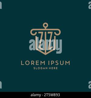 ZZ monogram initial logo design with shield and pillar shape design Stock Vector