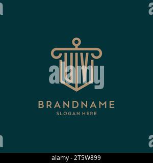 UV monogram initial logo design with shield and pillar shape design Stock Vector