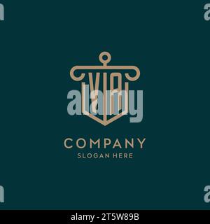 VA monogram initial logo design with shield and pillar shape design Stock Vector