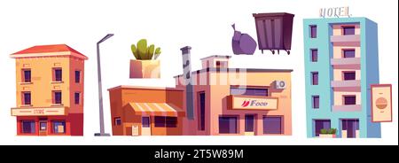 Street city elements for downtown exterior landscape creation. Cartoon vector set of town multistorey buildings with cafe and store, lantern and plant in pot decoration, garbage and trash can. Stock Vector