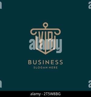 VR monogram initial logo design with shield and pillar shape design Stock Vector