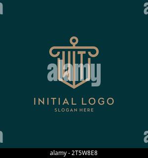 WT monogram initial logo design with shield and pillar shape design Stock Vector