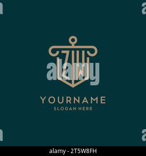 ZW monogram initial logo design with shield and pillar shape design Stock Vector