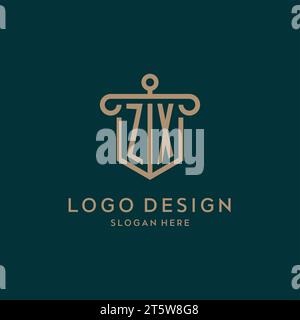 ZX monogram initial logo design with shield and pillar shape design Stock Vector