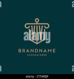 VV monogram initial logo design with shield and pillar shape design Stock Vector