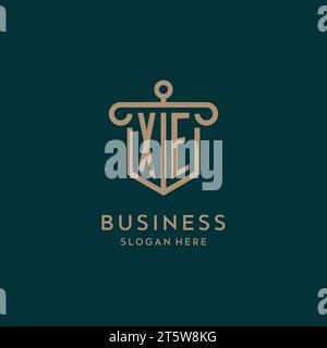 XE monogram initial logo design with shield and pillar shape design Stock Vector