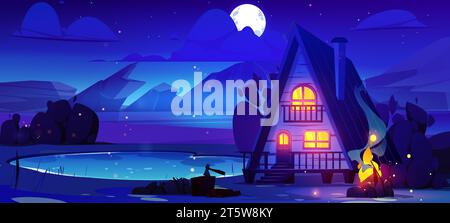 Panoramic summer night landscape with wooden hut and campfire on shore of lake near rocky mountains under starry sky and fool moon light. Cartoon wood cottage near water pond for camping at dusk. Stock Vector