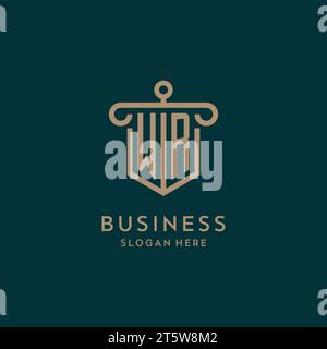 WR monogram initial logo design with shield and pillar shape design Stock Vector