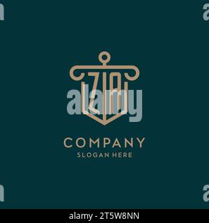 ZA monogram initial logo design with shield and pillar shape design Stock Vector