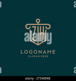 ZH monogram initial logo design with shield and pillar shape design Stock Vector