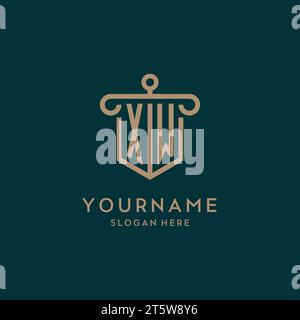 XW monogram initial logo design with shield and pillar shape design Stock Vector