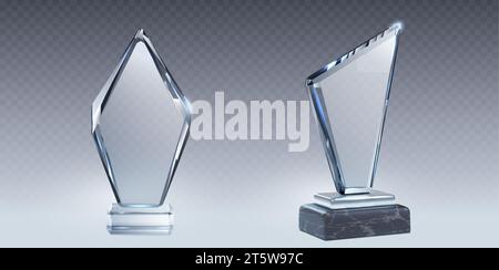 Set of 3D glass trophies isolated on transparent background. Vector realistic illustration of abstract rhombus shape winner awards on plastic, stone platforms, champion prize for best contest result Stock Vector