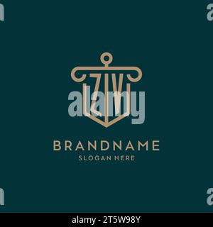 ZV monogram initial logo design with shield and pillar shape design Stock Vector