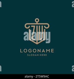 ZU monogram initial logo design with shield and pillar shape design Stock Vector