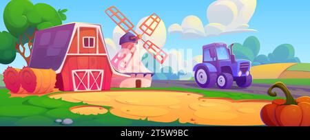 Cartoon farm landscape with red wooden barn and mill, tractor and hay bale and pumpkin in field under blue sky with clouds. Vector illustration of rural village scenery with agriculture elements. Stock Vector