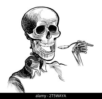 Skeleton eating with a spoon. Hand-drawn retro styled ink black and white illustration Stock Photo