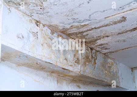 Ceiling in need of repair. On the ceiling, dirt and cracks. Selective focus. Soft focus Stock Photo