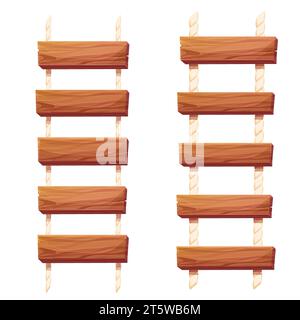 Set Wooden ladder with rope, planks hanging, staircase in cartoon style ...