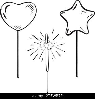 Hand-drawn vector set of cake toppings. Various festive elements: heart, star, sparkler. Decorate cakes, muffins, or any dish. 3D elements, highlights Stock Vector
