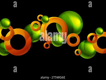 Glossy green orange abstract circles and balls geometric background. Technology vector design Stock Vector