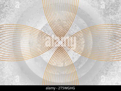 Grey grunge circles background with golden linear pattern. Abstract geometric vector design Stock Vector