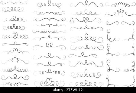 Underlines set with swishes swooshes and curly strokes. Swash hand drawn dividers. Squiggle calligraphy elements. Vector swirl doodle with hearts and Stock Vector