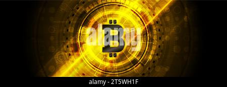 Abstract glowing technology background with bitcoin money emblem and HUD gear shape. Internet virtual digital crypto currency symbol. Vector banner de Stock Vector