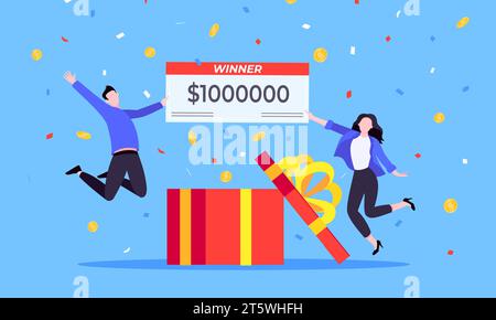 Happy lottery winners with big prize paycheck. Fortune lottery or casino gambling lucky games concept flat style design vector illustration. People ju Stock Vector