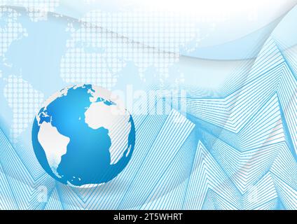 Abstract blue technology background with globe, waves and refracted lines. Geometric vector design Stock Vector