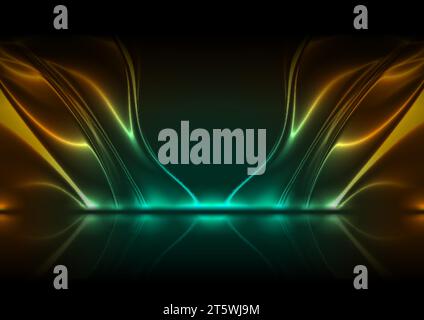 Cyan and orange neon glossy waves abstract tech background with reflection. Vector modern design Stock Vector