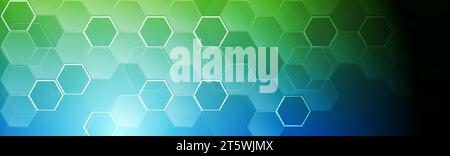 Bright blue and green abstract tech hexagonal geometrical background. Vector banner design Stock Vector