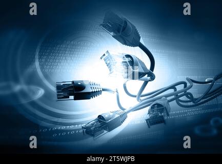 Network cables with binary code fiber optic background. 3d illustration Stock Photo