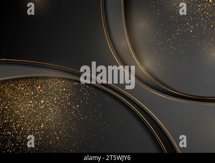 Black waves and golden lines abstract technology background with shiny dots. Vector illustration Stock Vector
