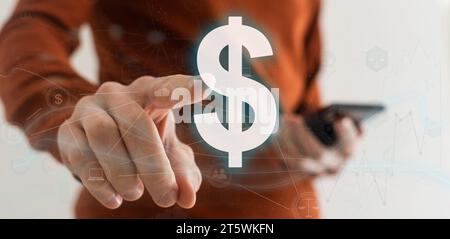 Businessman hands with money money icon floating in the air graphic , business concept Stock Photo