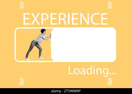 Creative illustration metaphor collage funny woman pushing percent indicator of loading progress experience isolated on yellow background Stock Photo