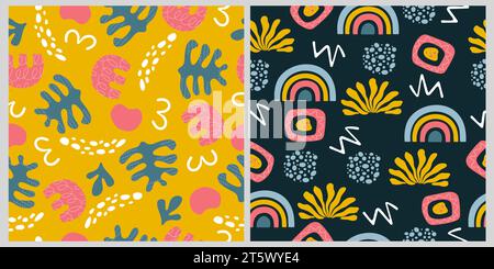 Set of two colourful patterns with hand drawn abstract trendy elements. Stock Vector