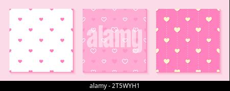 Pink love heart valentine seamless pattern flat set. Romantic element endless background wedding design lovely holiday pretty delicate background texture wallpaper web wrapping paper banner isolated Stock Vector