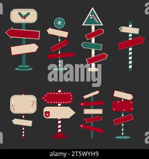 Set of road destination signs. Decoration elements for New Year and Christmas.  Stock Vector