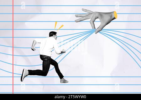 Poster picture collage magazine of funny run guy into copybook where hand put lines up free entrance isolated on paper document background Stock Photo