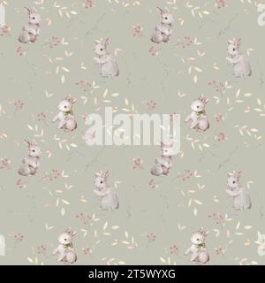 Rabbit Seamless Pattern, Forest Animals Wallpaper, Woodland Animals Wallpaper, Watercolor Pattern, Pastel Green Color Background Stock Photo