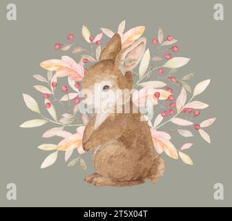 Little Rabbit Illustrations. Forest Animal with Floral Background. Autumn Baby Animals Illustration. Fall Woodland Animals Clipart Stock Photo