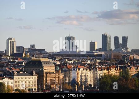 Prague, Czech Republic. 06th Nov, 2023. Prague - panorama, in the foreground on the left the National Theatre and on the horizon on the left high-rise buildings (skyscraper, skyscraper) on the left Corinthia Towers Hotel and on Pankrac City Empiria, Corinthia Panorama Hotel, administrative center of the company ECM (former building of the Czech Radio) and V Tower Prague, November 6, 2023. Credit: Michal Kamaryt/CTK Photo/Alamy Live News Stock Photo