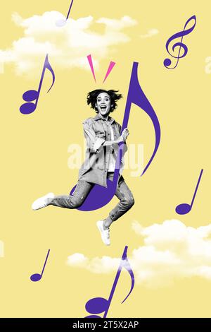 Vertical picture collage image of young pop music lover listen notes jumping carefree lady meloman discotheque isolated on yellow background Stock Photo