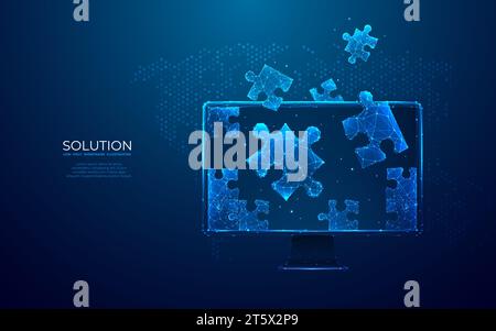 Desktop and jigsaw puzzle on screen. Business solution concept. Stock Vector