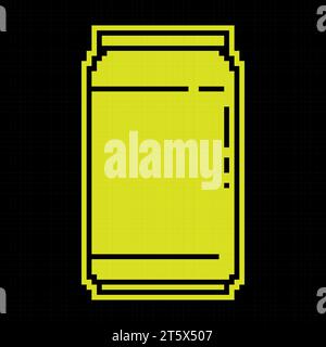 Pixel silhouette icon, aluminum can for soft drinks. Storing cocktails and soda in jar. Simple black and yellow vector isolated Stock Vector