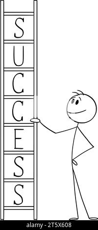 Person and Ladder of Success, Vector Cartoon Stick Figure Illustration Stock Vector